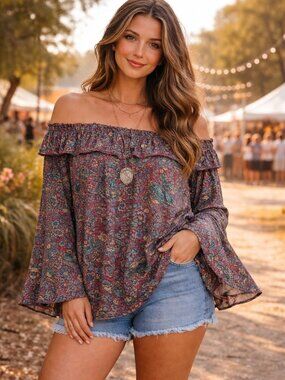 Earthbound Boho Festival Off Shoulder Floral Bell Sleeve Top - Large